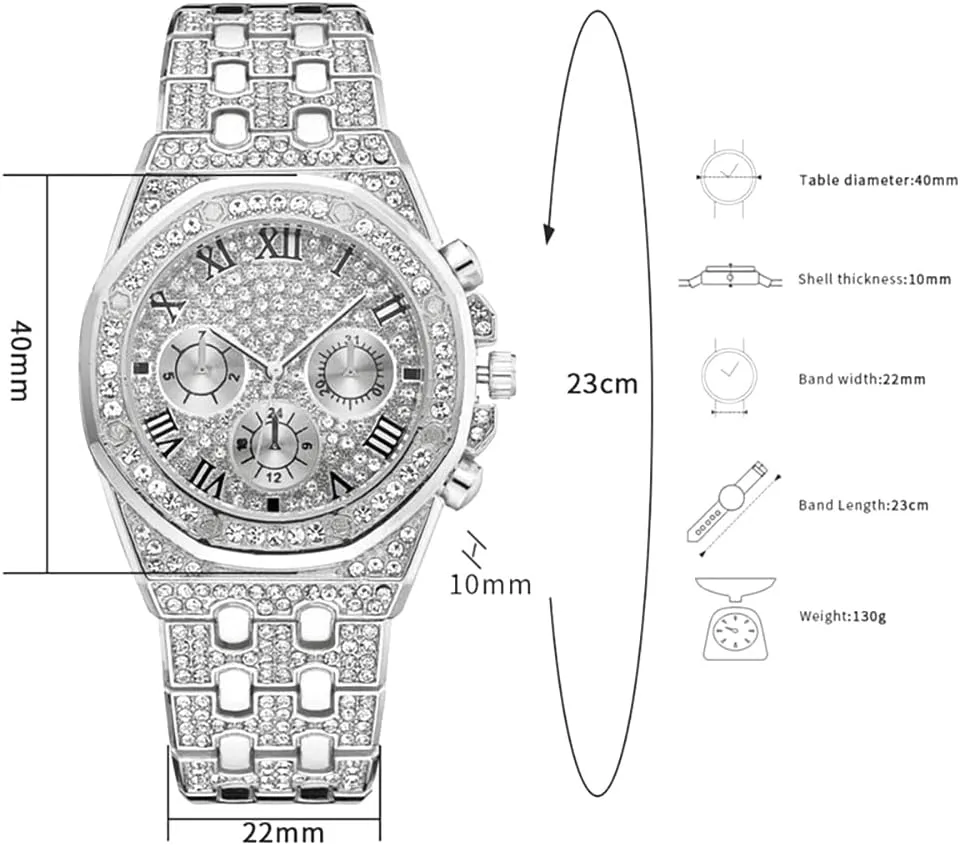 Quartz Wristband Watch for Men Women Apzzic Diamond Iced Out Watch unsophisticated elicit clue adorn district CZ Gold Plated 40mm Width Roman Numerals Dial 