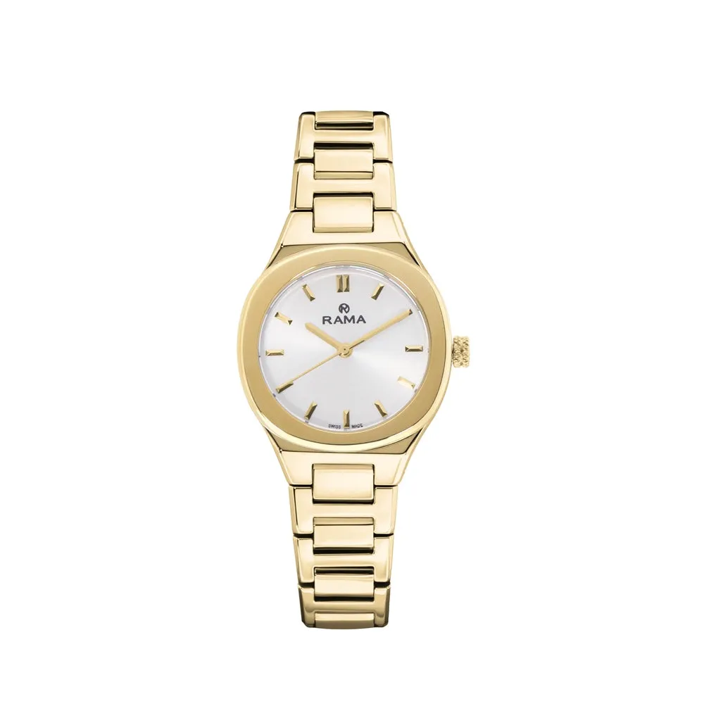 Rama Ladies Quartz Watch Full Yellow Gold Plated Stainless Steel Case & Bracelet With Silver Sun Ray Dial
