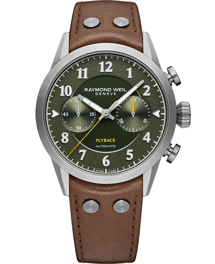 Raymond Weil Freelancer Men's Pilot Flyback Chronograph Green Dial Brown Leather Strap Watch, 42MM 7783-TIC-05520