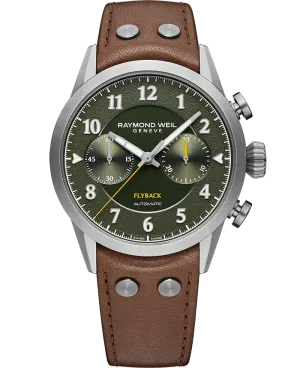 Raymond Weil Freelancer Men's Pilot Flyback Chronograph Green Dial Brown Leather Strap Watch, 42MM 7783-TIC-05520