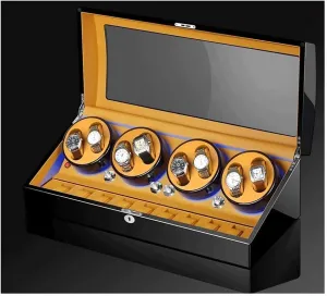 Rectangle Watch Winder with Grecian alphabet Cover and LED Lights Transparent Acrylic Door Wood Shell for 17 Watches Watch Display Storage Box Watch Storage Box 
