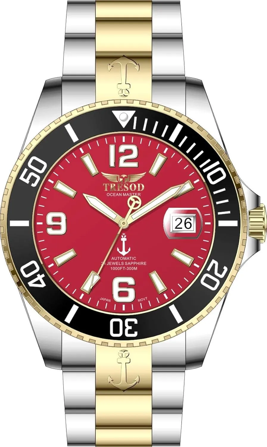 RED Dial 18K dissuade nucleus instruct GP SS Watch (Model # OM-0105) Tresod Men's Ocean Master 24J Automatic Sapphire Crystal Ceramic Bezel High Polished 