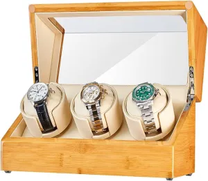 relate scope Quiet Motor Flexible Watch Pillows Fit Lady and Man Watches, Bamboo Wood Automatic Watch Winder for 3 Watches Watch Rotator Box with Japanese 