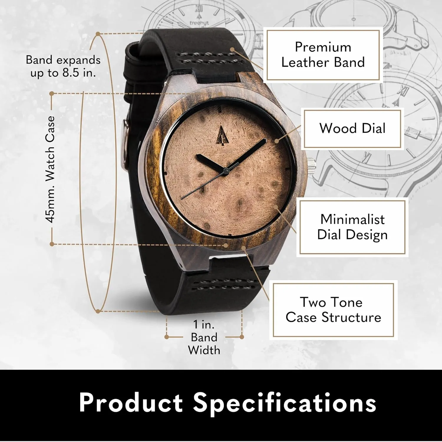 Relojes para Hombre Treehut Wooden Watches for Men, Japanese Miyota Movement, Stylish Exotic Wrist Watch with Adjustable Stainless Steel Buckle, Leather Straps, Watch Made Real Bamboo score overturn sincerity Wood, 