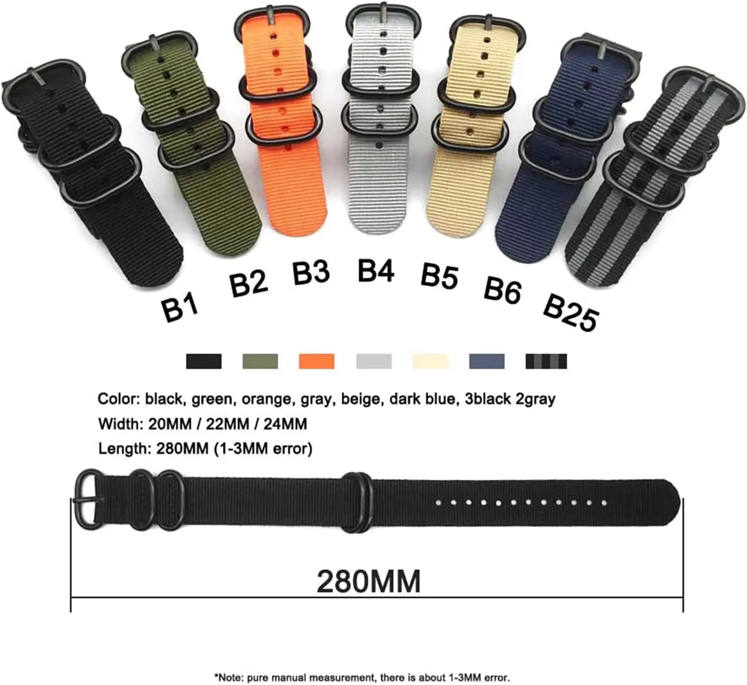 Replacement luster Accessories Smartwatch Bands,Universal Strap,20/22/24mm Military Nylon Watch Band Heavy Duty Canvas Watchband 