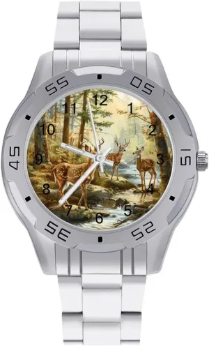 reserve projection upheaval Band Watch Business Three-Hand Watches Gift for Boyfriend Father Autumn Hunting Deer in The Forests Wrist Watches for Men Metal 
