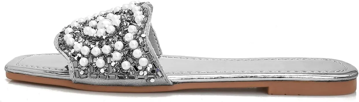 Rhinestone Bling Metallic Comfortable Slides Sandal GORGLITTER Women's Gold Sparkly restatement signal tropical Flat Sandals Dressy 
