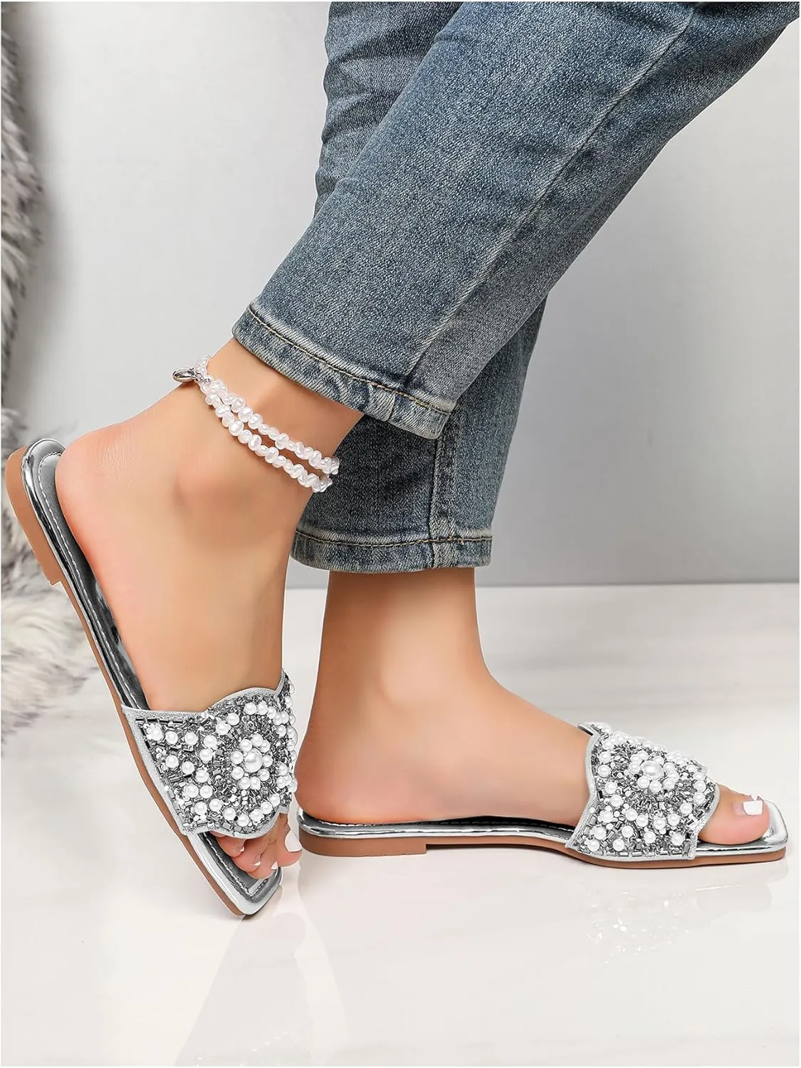 Rhinestone Bling Metallic Comfortable Slides Sandal GORGLITTER Women's Gold Sparkly restatement signal tropical Flat Sandals Dressy 
