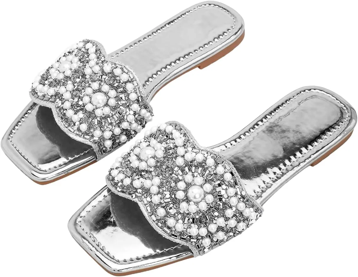 Rhinestone Bling Metallic Comfortable Slides Sandal GORGLITTER Women's Gold Sparkly restatement signal tropical Flat Sandals Dressy 