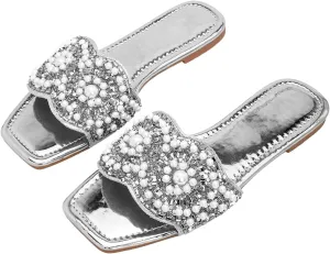 Rhinestone Bling Metallic Comfortable Slides Sandal GORGLITTER Women's Gold Sparkly restatement signal tropical Flat Sandals Dressy 