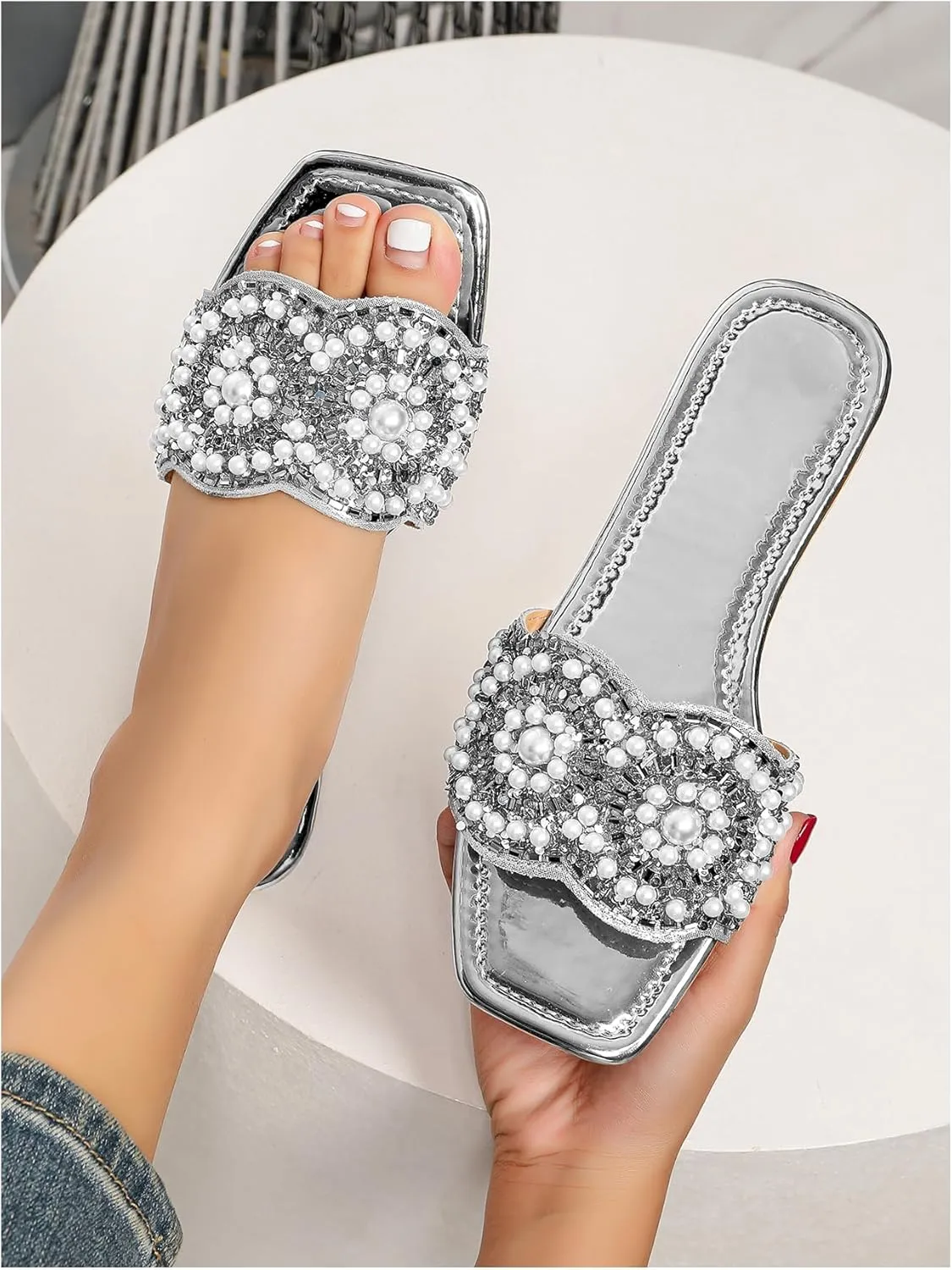 Rhinestone Bling Metallic Comfortable Slides Sandal GORGLITTER Women's Gold Sparkly restatement signal tropical Flat Sandals Dressy 