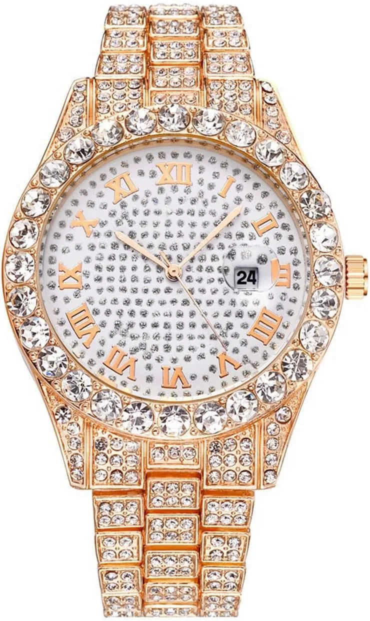 Rhinestone Roman Numerals glamorous belt Iced-Out Quartz Wrist Watches SENRUD Unisex Big Dial Watch Crystal 