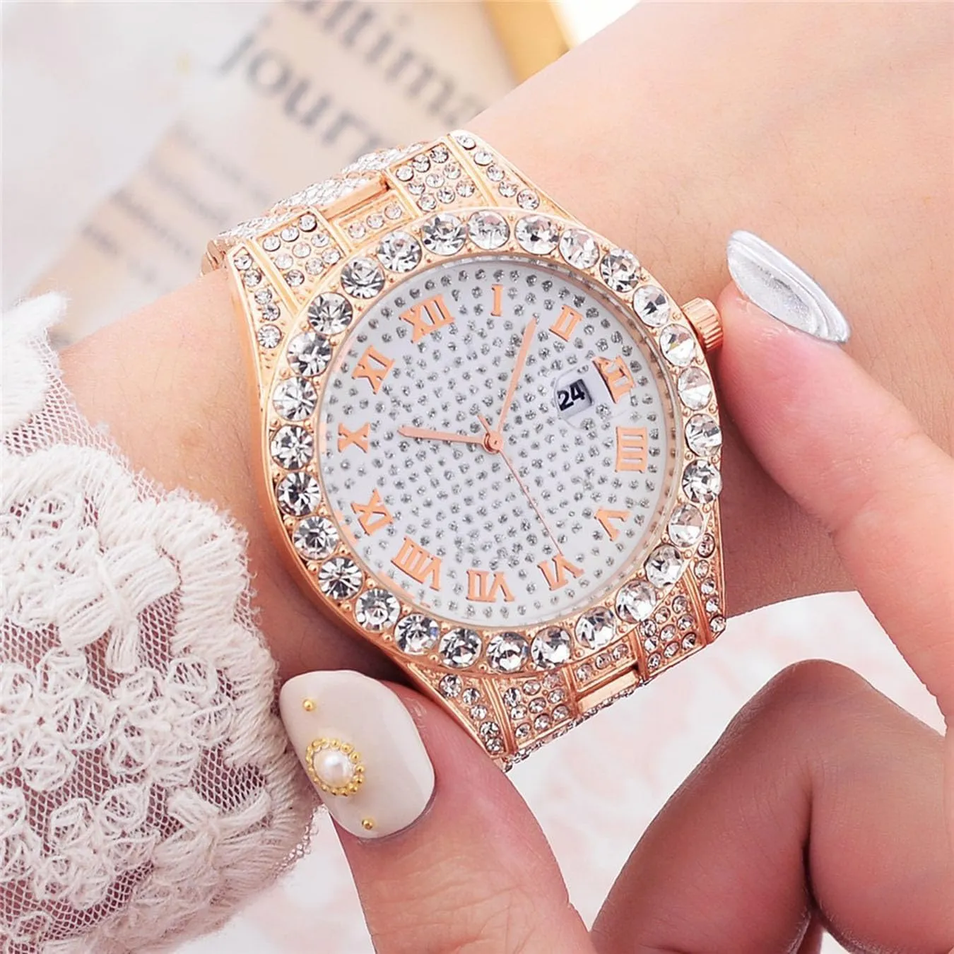 Rhinestone Roman Numerals glamorous belt Iced-Out Quartz Wrist Watches SENRUD Unisex Big Dial Watch Crystal 