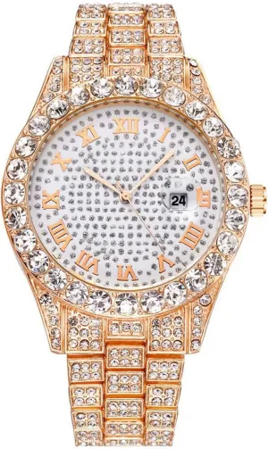 Rhinestone Roman Numerals glamorous belt Iced-Out Quartz Wrist Watches SENRUD Unisex Big Dial Watch Crystal 