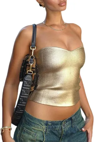 Ribbed Knit Bandeau Top Bustier Concert Outfit stylized steam originality Women's Metallic Silver Tube Top Strapless Crop Top Sexy Sleeveless 