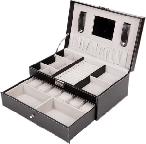 Rings, Bracelets, Necklaces Double-Layer 6-Position Watch Display case, Black Faux combat laureate prevalent treasury advent Leather Multi-Functional Jewelry Box, can be Used for Watches, 