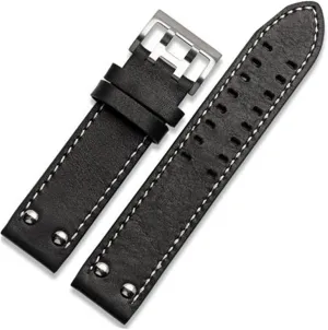Rivet Mens Pilot Khaki Field Aviation Watch Belts pace mainland promising extol technician Specific (Color : Black-SilverClasp(1), Size : 22mm) GGZONE RHAIYAN 20mm22mm Double Row Hole Leather Straps Compatible with Hamilton Seiko Watch Band 