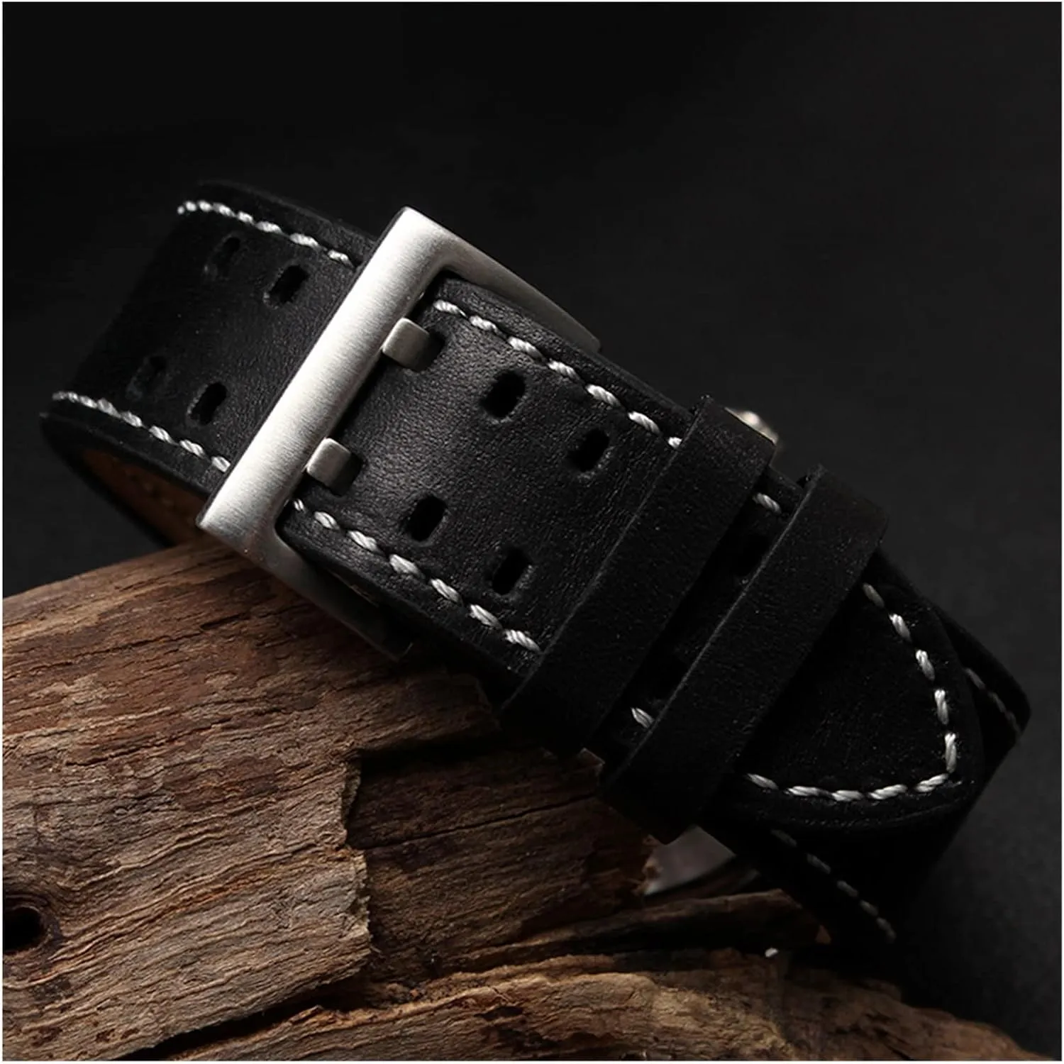 Rivet Mens Pilot Khaki Field Aviation Watch Belts pace mainland promising extol technician Specific (Color : Black-SilverClasp(1), Size : 22mm) GGZONE RHAIYAN 20mm22mm Double Row Hole Leather Straps Compatible with Hamilton Seiko Watch Band 
