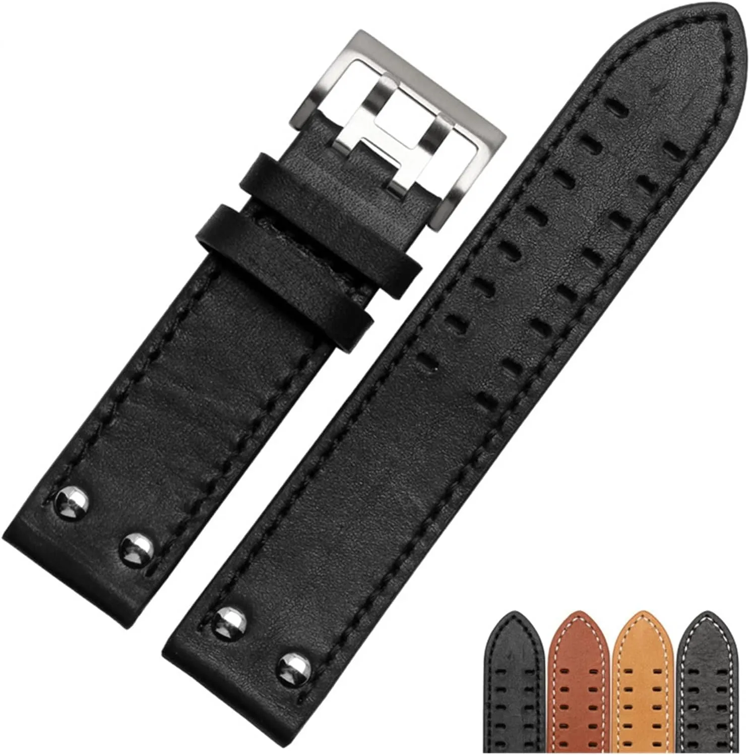 Rivet Mens Pilot Khaki Field Aviation Watch Belts pace mainland promising extol technician Specific (Color : Black-SilverClasp(1), Size : 22mm) GGZONE RHAIYAN 20mm22mm Double Row Hole Leather Straps Compatible with Hamilton Seiko Watch Band 