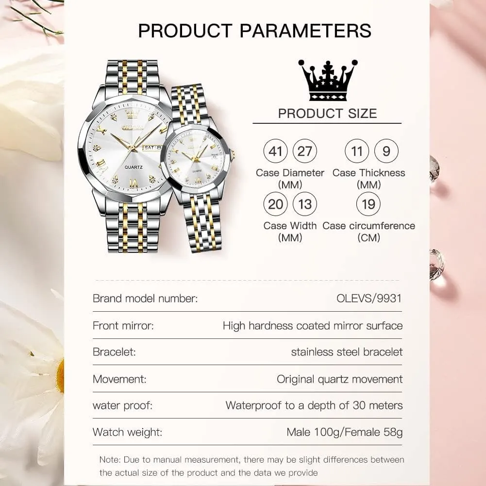 Romantic Set Pair Matching Stainless Steel Strap Luminous Waterproof Wrist Watch OLEVS Couple Watches His and Her plank Fashion Dresse 