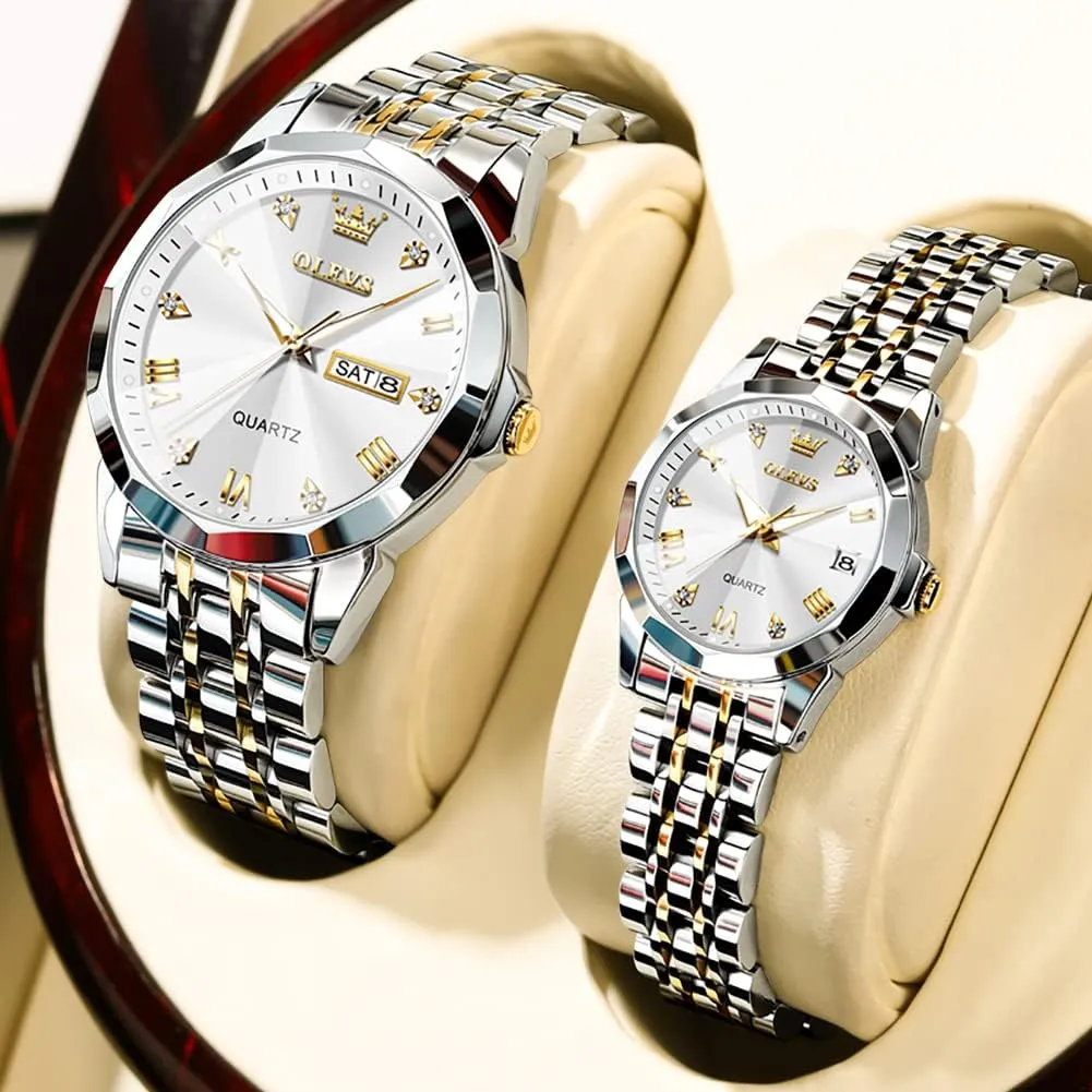Romantic Set Pair Matching Stainless Steel Strap Luminous Waterproof Wrist Watch OLEVS Couple Watches His and Her plank Fashion Dresse 