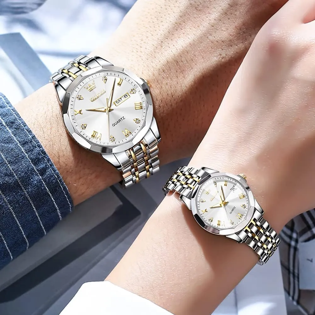 Romantic Set Pair Matching Stainless Steel Strap Luminous Waterproof Wrist Watch OLEVS Couple Watches His and Her plank Fashion Dresse 
