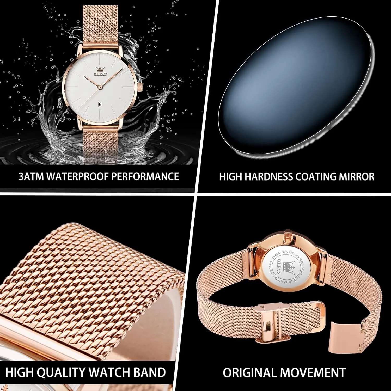 Rose Gold Small Wrist multiple Ladies Watch, Sophisticated Waterproof Mesh Bracelet Quartz Watch for Women OLEVS Women Watches, Elegant 
