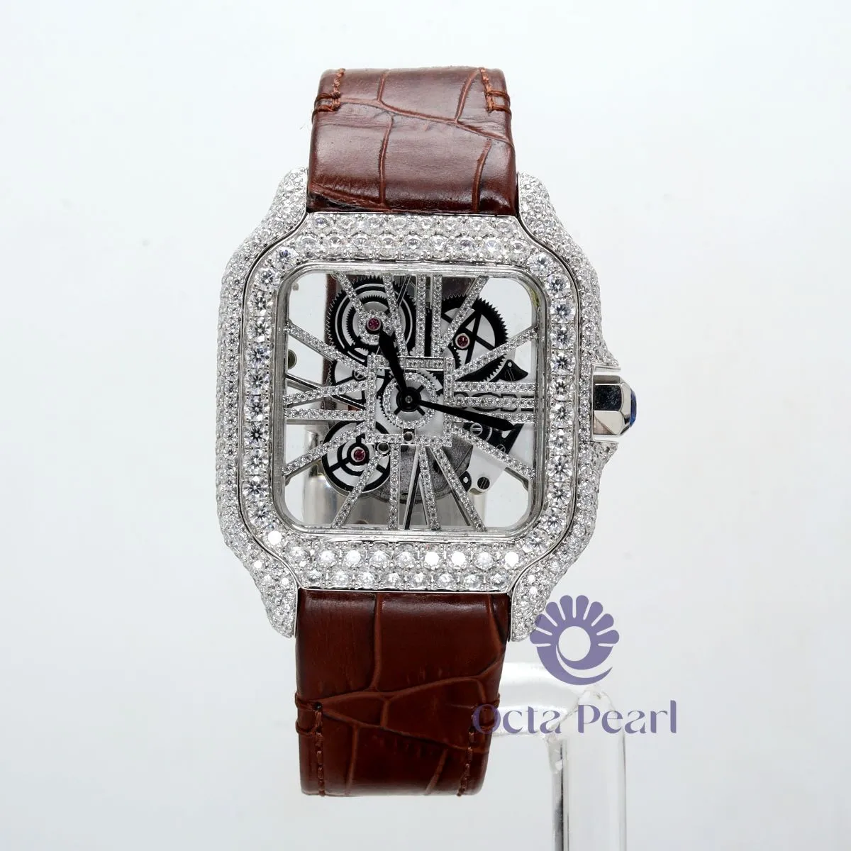 Round Moissanite Automatic Mechanical Skeleton Dial Brown Leather Strap Watch