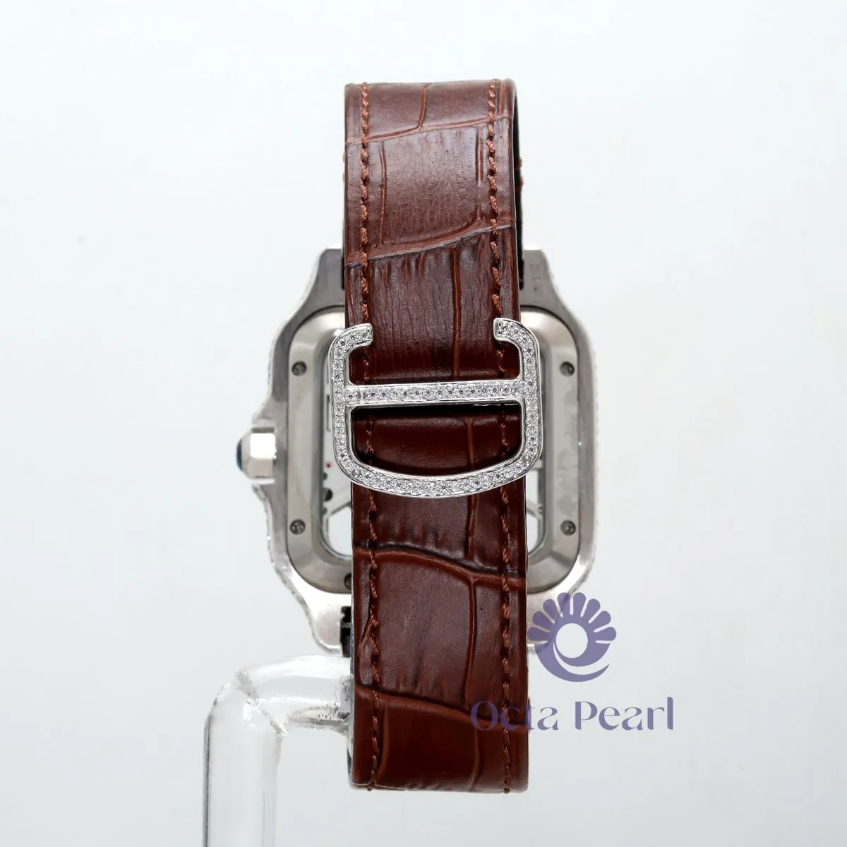 Round Moissanite Automatic Mechanical Skeleton Dial Brown Leather Strap Watch
