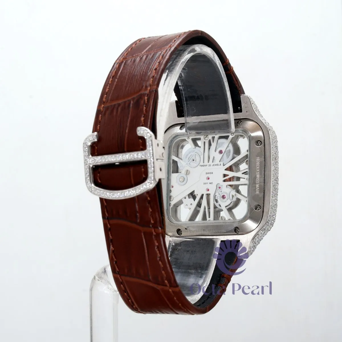 Round Moissanite Automatic Mechanical Skeleton Dial Brown Leather Strap Watch