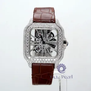 Round Moissanite Automatic Mechanical Skeleton Dial Brown Leather Strap Watch