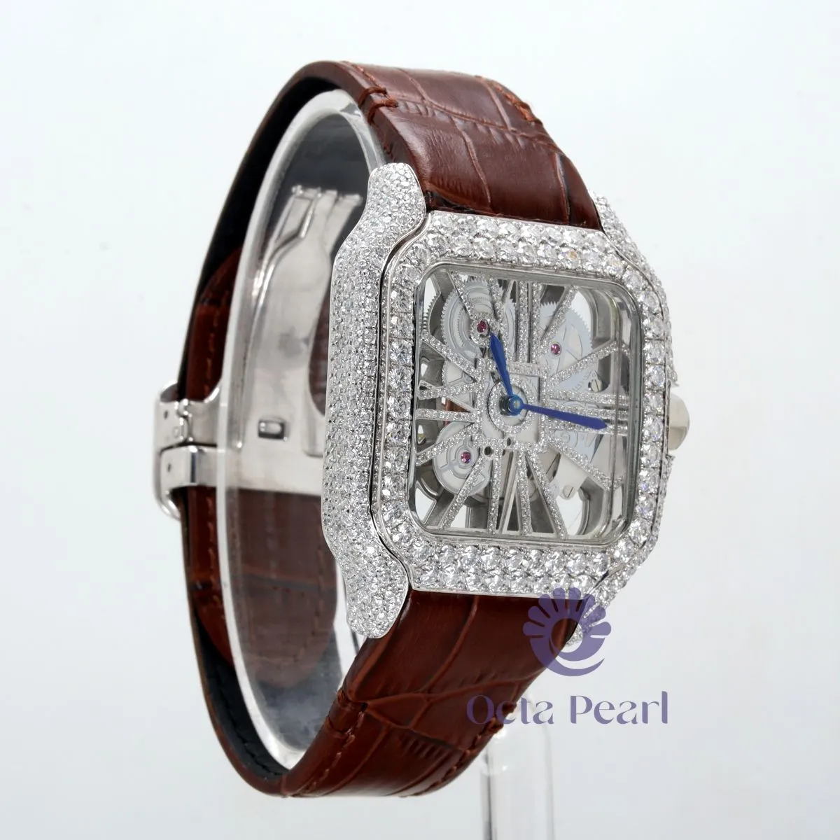 Round Moissanite Automatic Mechanical Skeleton Dial Brown Leather Strap Watch