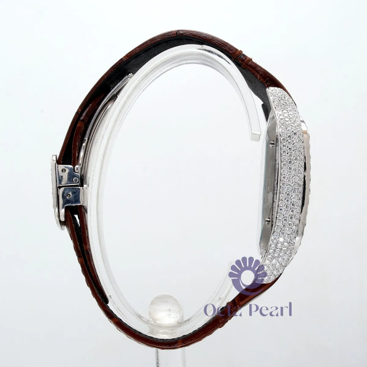 Round Moissanite Automatic Mechanical Skeleton Dial Brown Leather Strap Watch