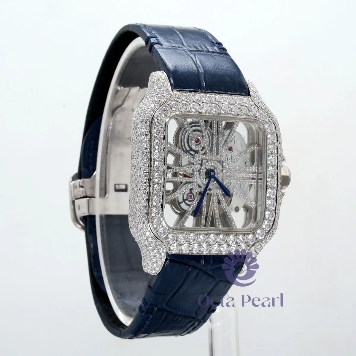 Round Moissanite Skeleton Dial Automatic Movement Blue Leather Strap Watch
