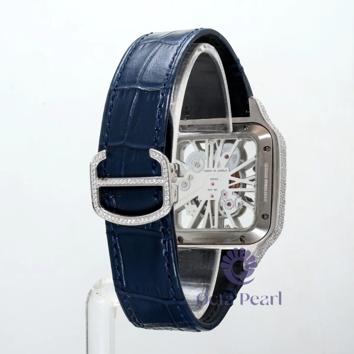 Round Moissanite Skeleton Dial Automatic Movement Blue Leather Strap Watch