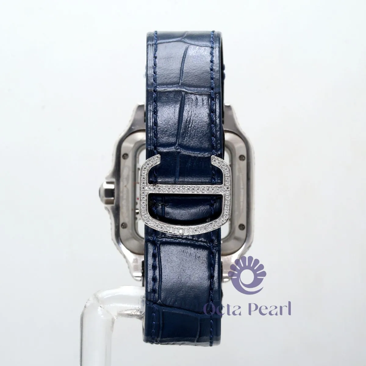 Round Moissanite Skeleton Dial Automatic Movement Blue Leather Strap Watch