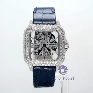 Round Moissanite Skeleton Dial Automatic Movement Blue Leather Strap Watch