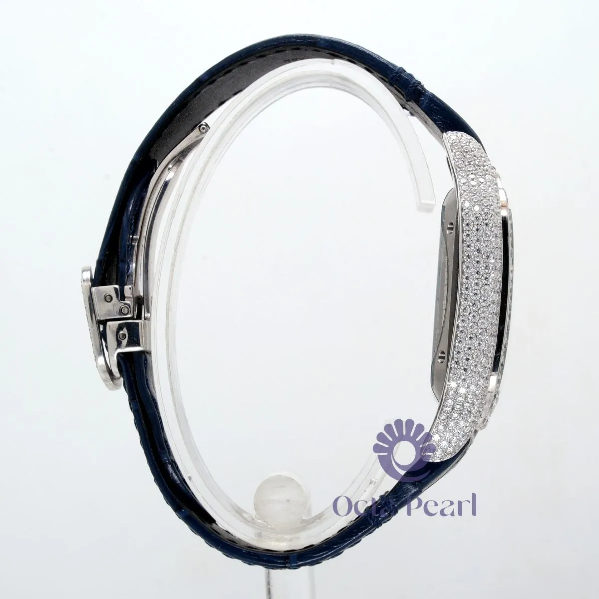 Round Moissanite Skeleton Dial Automatic Movement Blue Leather Strap Watch