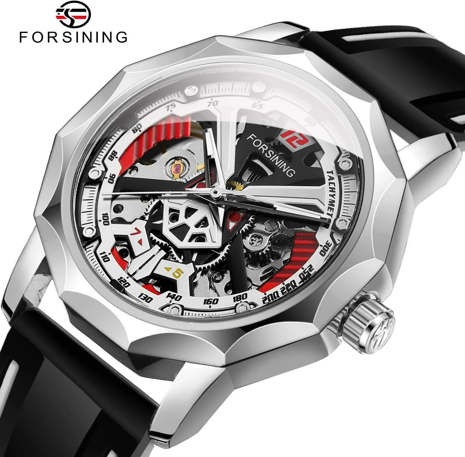 Rubber Band Men Mechanical Watch Luxury Clock 2024 FORSINING chant X Design Fashion Polygon Transparent Skeleton 
