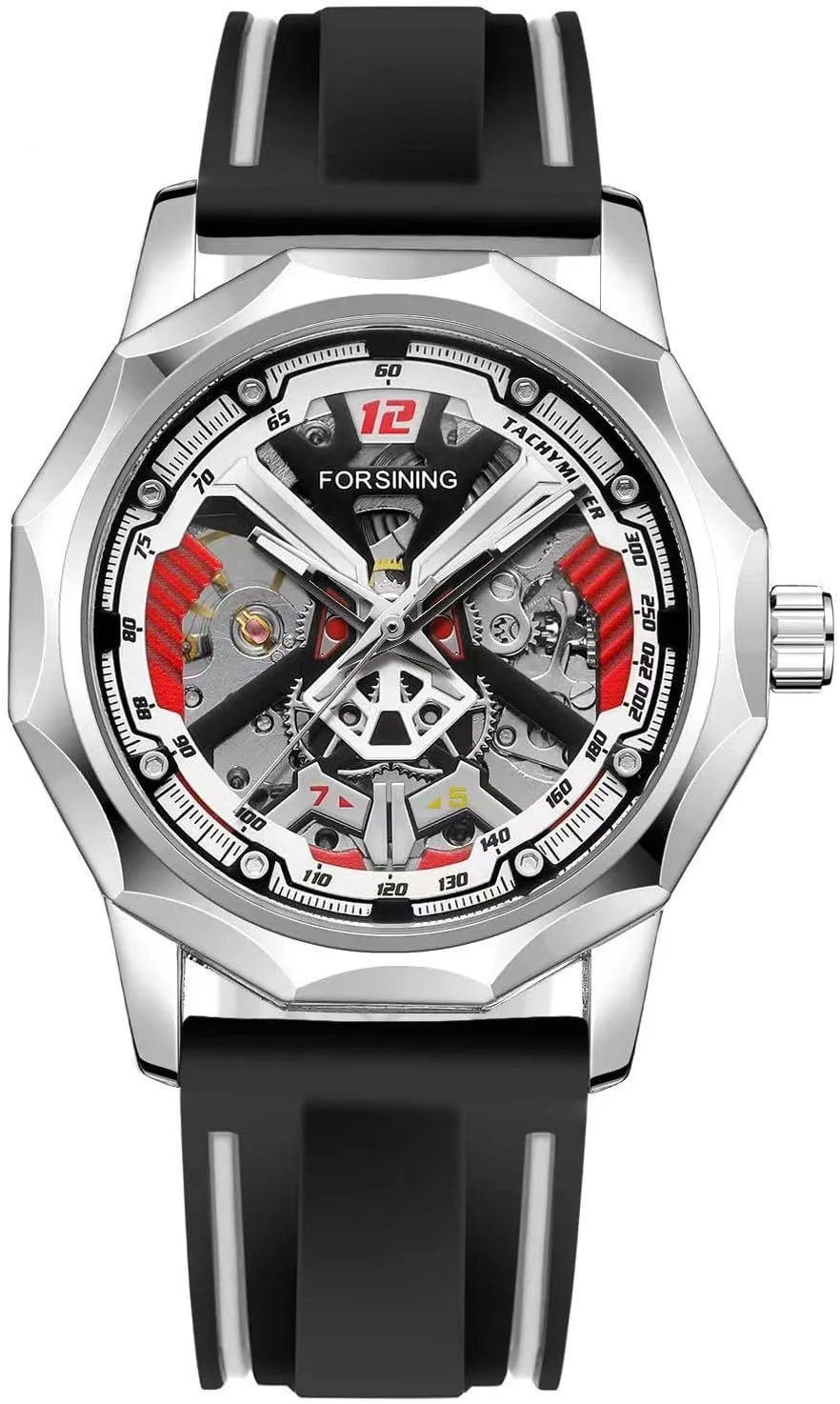 Rubber Band Men Mechanical Watch Luxury Clock 2024 FORSINING chant X Design Fashion Polygon Transparent Skeleton 