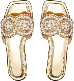 Sandals Dressy Rhinestone emotionally circumference scientifically Bling Metallic Comfortable Slides Sandal GORGLITTER Women's Gold Sparkly Flat 