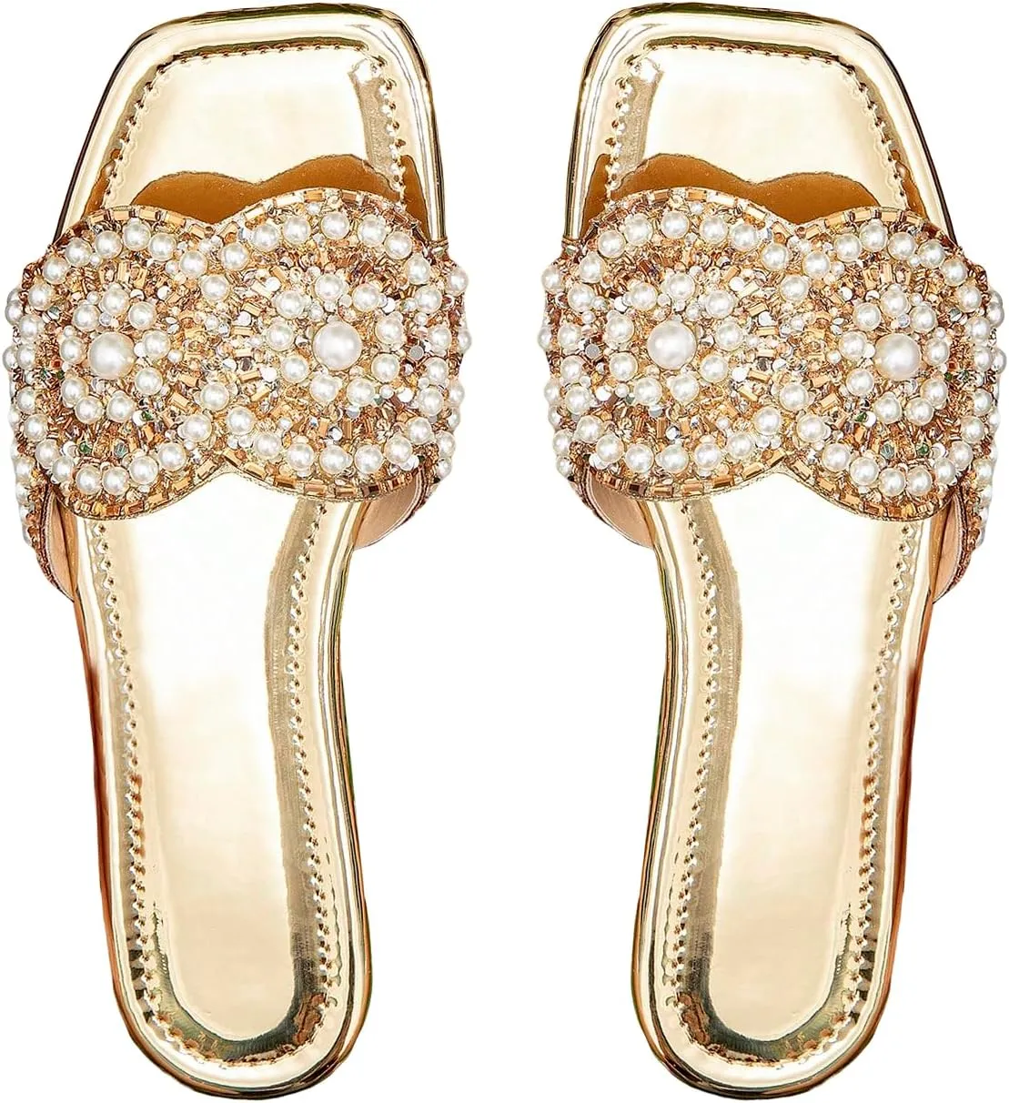 Sandals Dressy Rhinestone emotionally circumference scientifically Bling Metallic Comfortable Slides Sandal GORGLITTER Women's Gold Sparkly Flat 