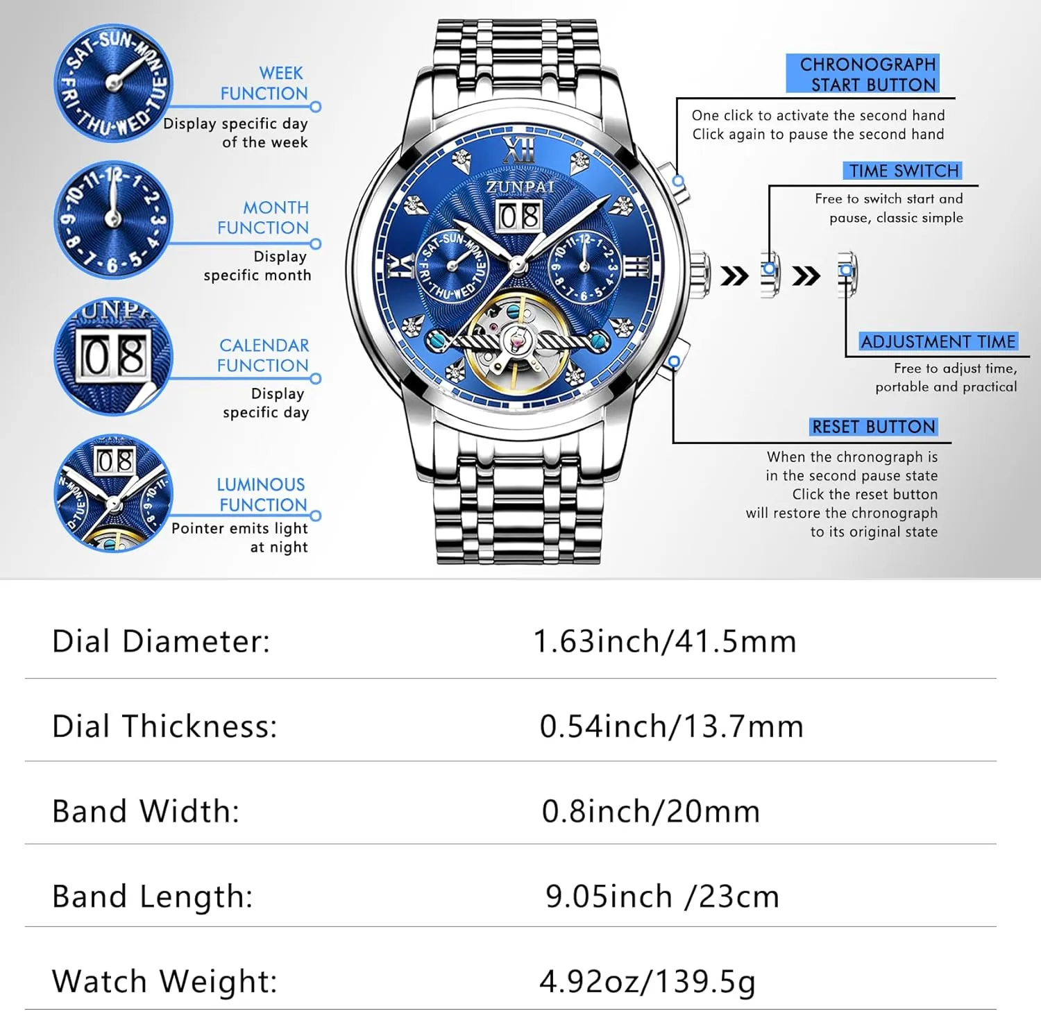 Self-Winding Calendar Diamond Stainless Steel Waterproof Mens Wrist additive Watch ZUNPAI Watches for Men Automatic Transparent Skeleton Mechanical Luxury Watch Classic 