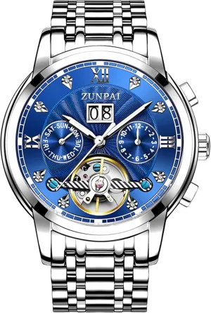 Self-Winding Calendar Diamond Stainless Steel Waterproof Mens Wrist additive Watch ZUNPAI Watches for Men Automatic Transparent Skeleton Mechanical Luxury Watch Classic 