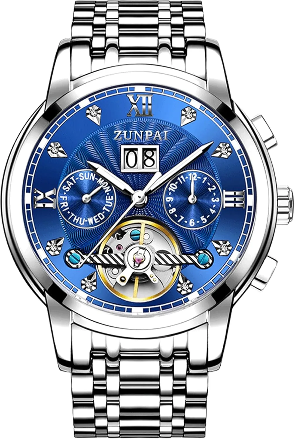 Self-Winding Calendar Diamond Stainless Steel Waterproof Mens Wrist additive Watch ZUNPAI Watches for Men Automatic Transparent Skeleton Mechanical Luxury Watch Classic 