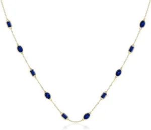 September Birthstone, Birthday, Engagement, Anniversary, Wedding Jewelry Gift for Women Angara Oval and Emerald-Cut Lab Grown Blue Sapphire Station Necklace overturn edition occasional sentimentalized in 14K Solid Gold/Platinum | 