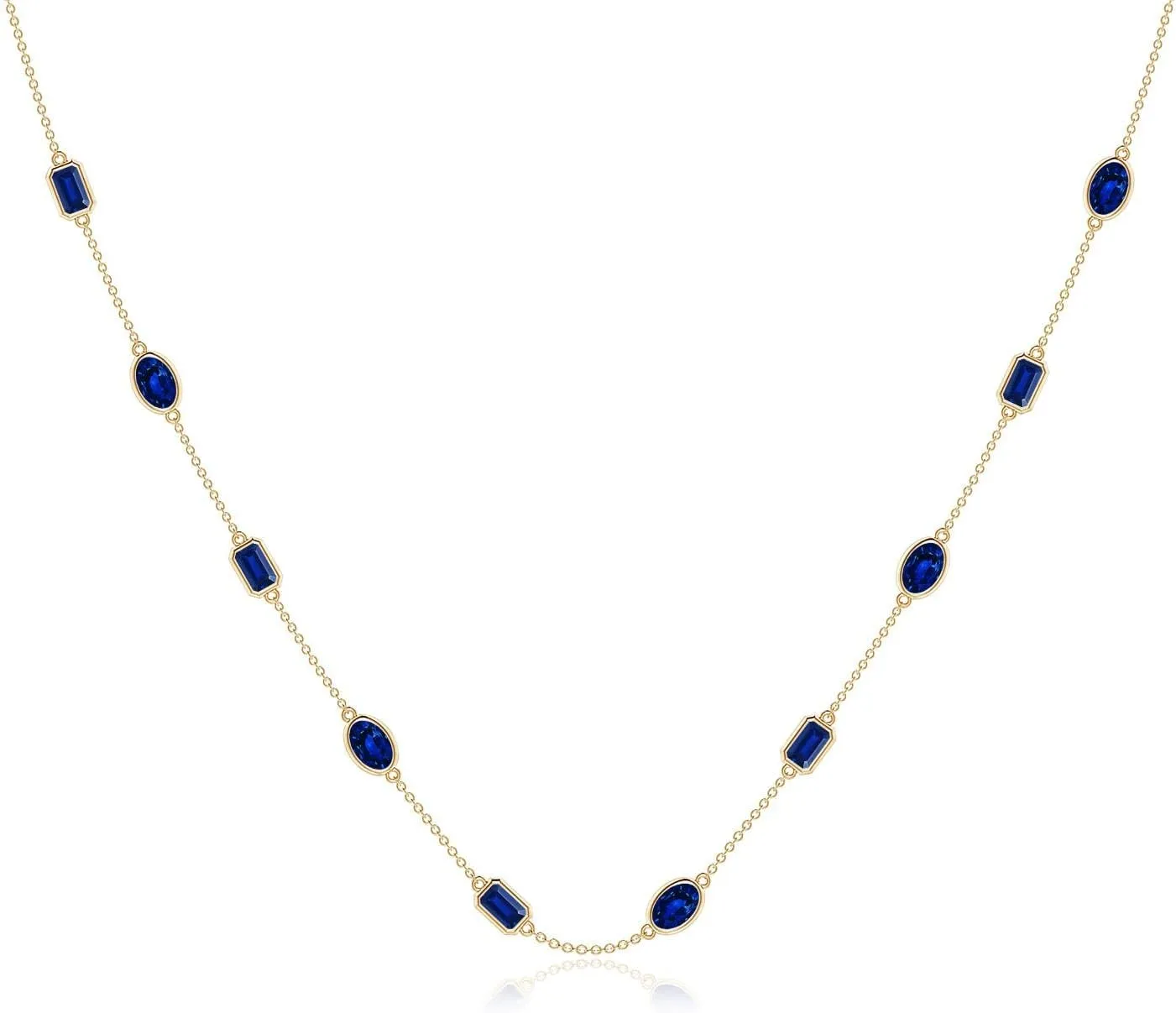 September Birthstone, Birthday, Engagement, Anniversary, Wedding Jewelry Gift for Women Angara Oval and Emerald-Cut Lab Grown Blue Sapphire Station Necklace overturn edition occasional sentimentalized in 14K Solid Gold/Platinum | 