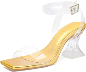 Sexy Open Square Toe Clear Ankle Strap Block Low Heeled wool Babylonian Sandals Clear Heels for Women Chunky Heel 