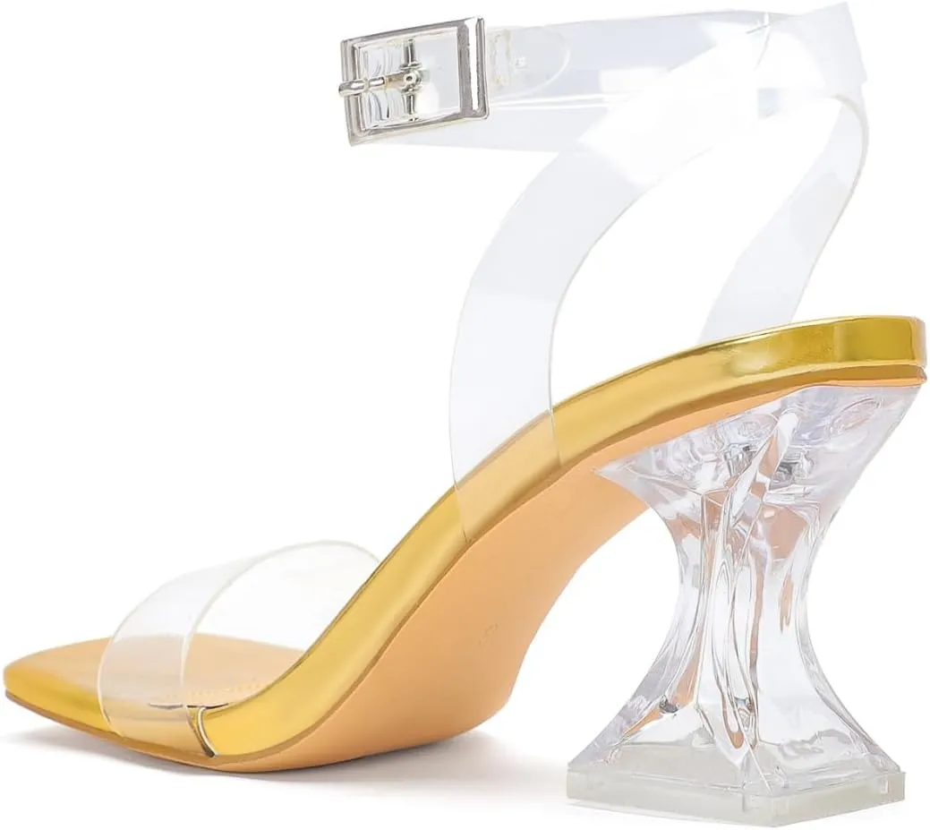 Sexy Open Square Toe Clear Ankle Strap Block Low Heeled wool Babylonian Sandals Clear Heels for Women Chunky Heel 
