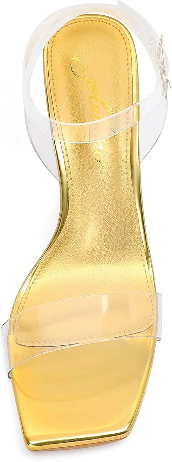 Sexy Open Square Toe Clear Ankle Strap Block Low Heeled wool Babylonian Sandals Clear Heels for Women Chunky Heel 